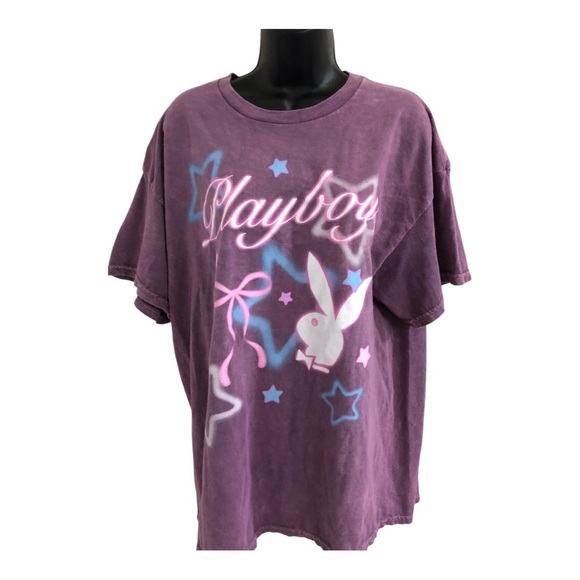PLAYBOY Tops - Pink mauve washed cotton blue stars Playboy bunny logo oversized t-shirt size XL